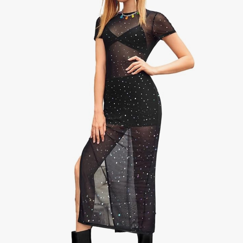Black mesh long dress with starry details